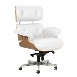 Fotel biurowy LOUNGE GUBERNATOR biały - sklejka orzech, skóra naturalna, stal polerowana